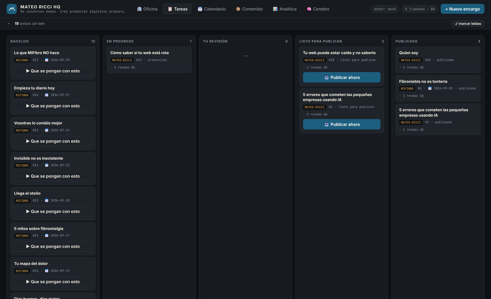 Tablero kanban con las columnas Backlog, En progreso, Tu revisi&oacute;n, Listo para publicar y Publicado