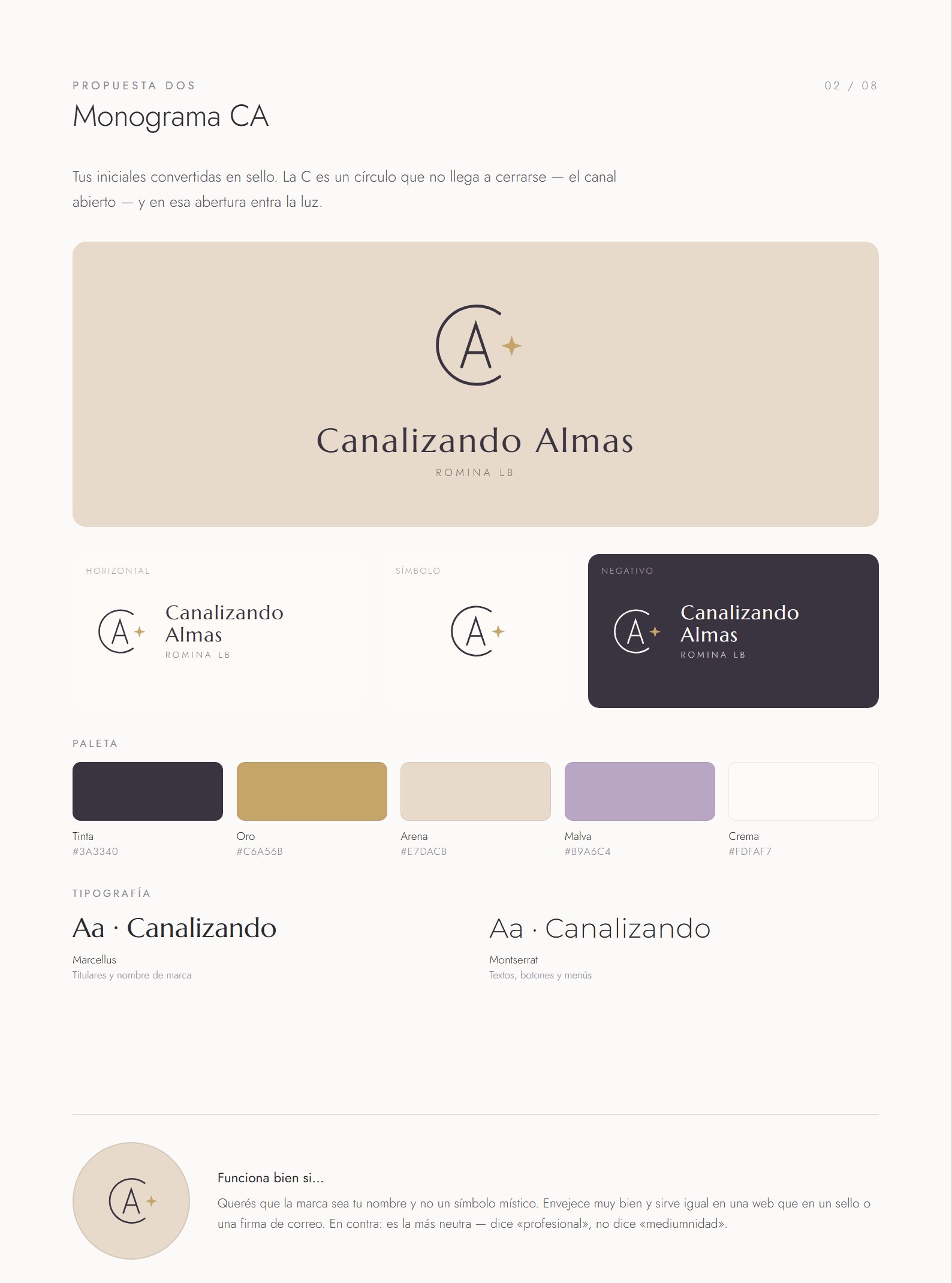 Hoja de la identidad elegida: logotipo, versiones, paleta y tipografías