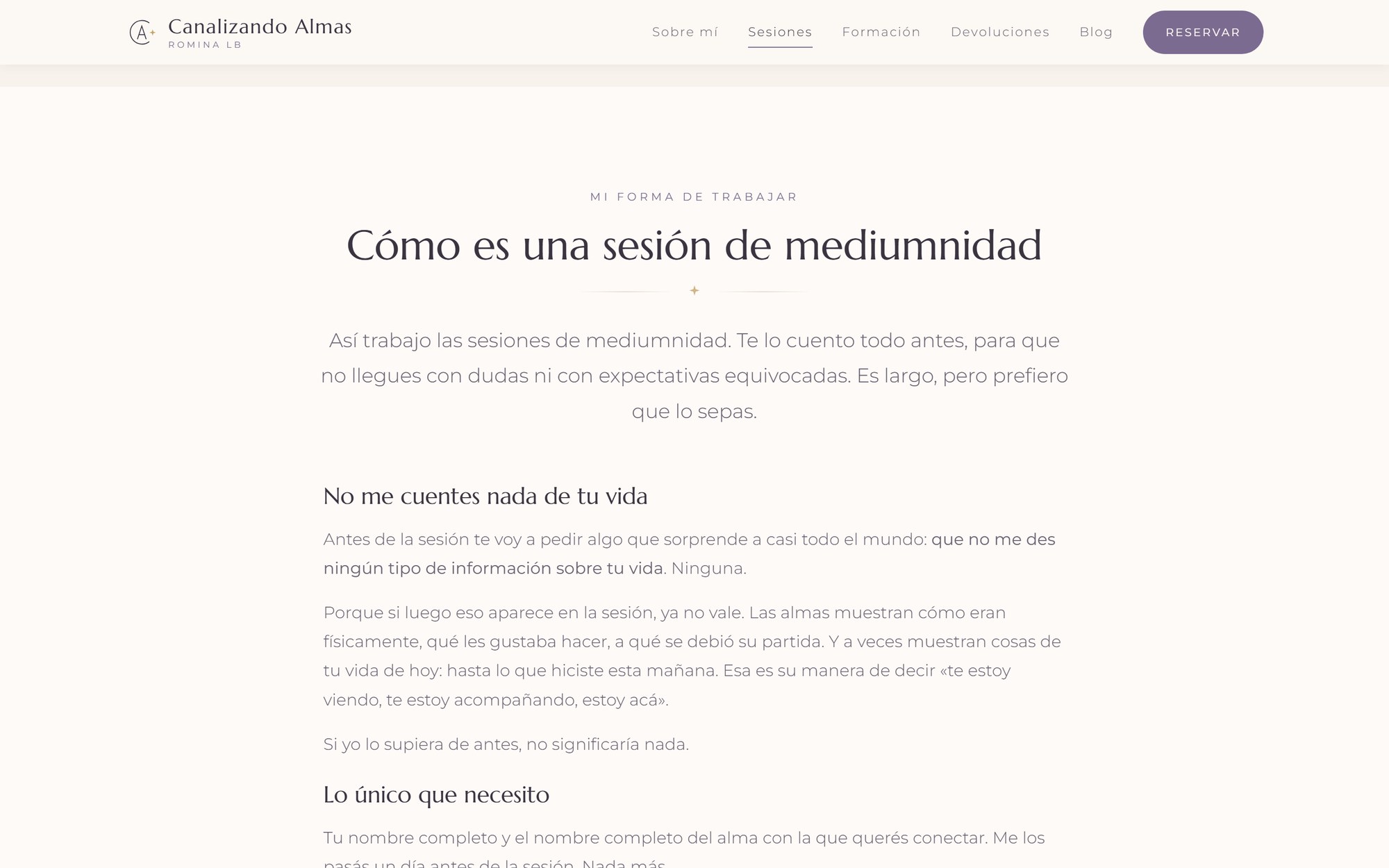 Página de sesiones explicando cómo es una sesión de mediumnidad
