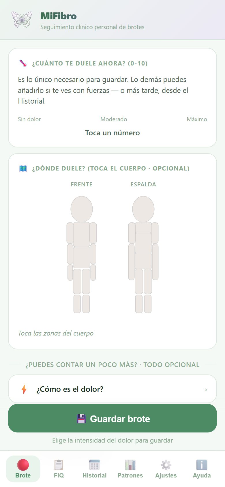 Pantalla de registro diario: intensidad, tipo de dolor y zonas afectadas