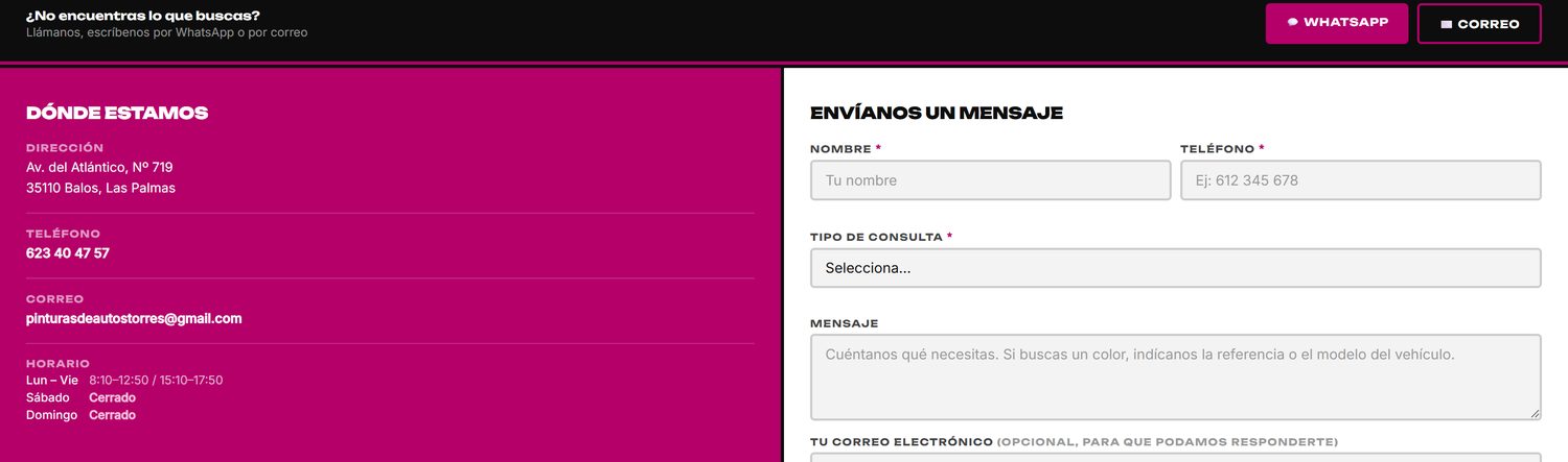 Sección de contacto con dirección, horario y formulario