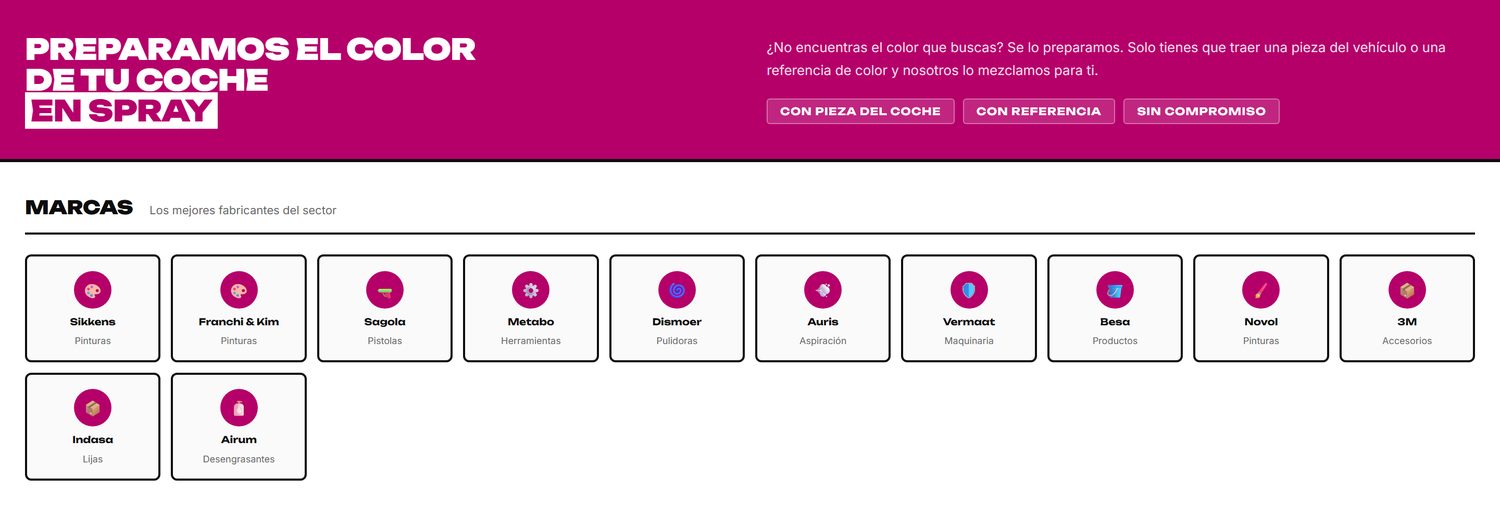 Sección de preparación de color y rejilla de marcas profesionales