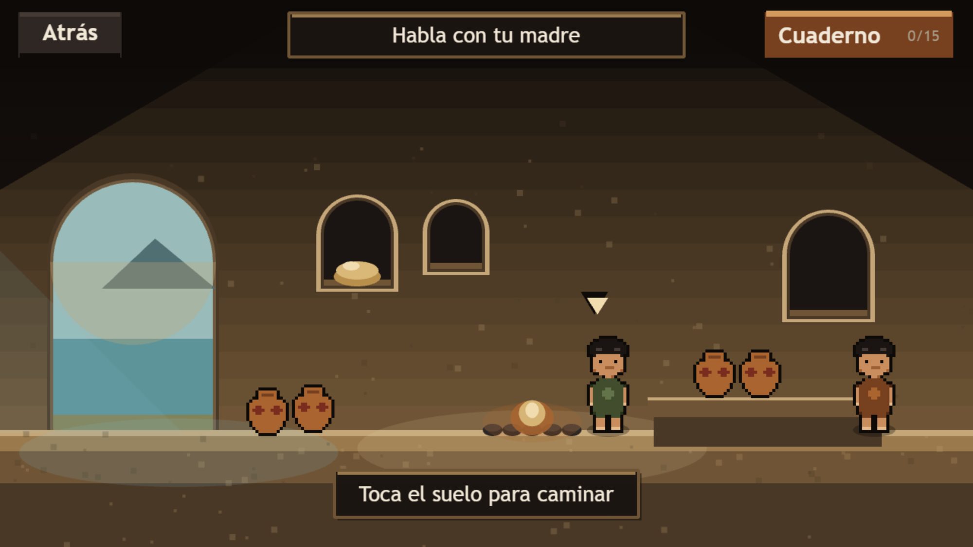 Escena dentro de la cueva del poblado, con varios personajes junto al fuego
